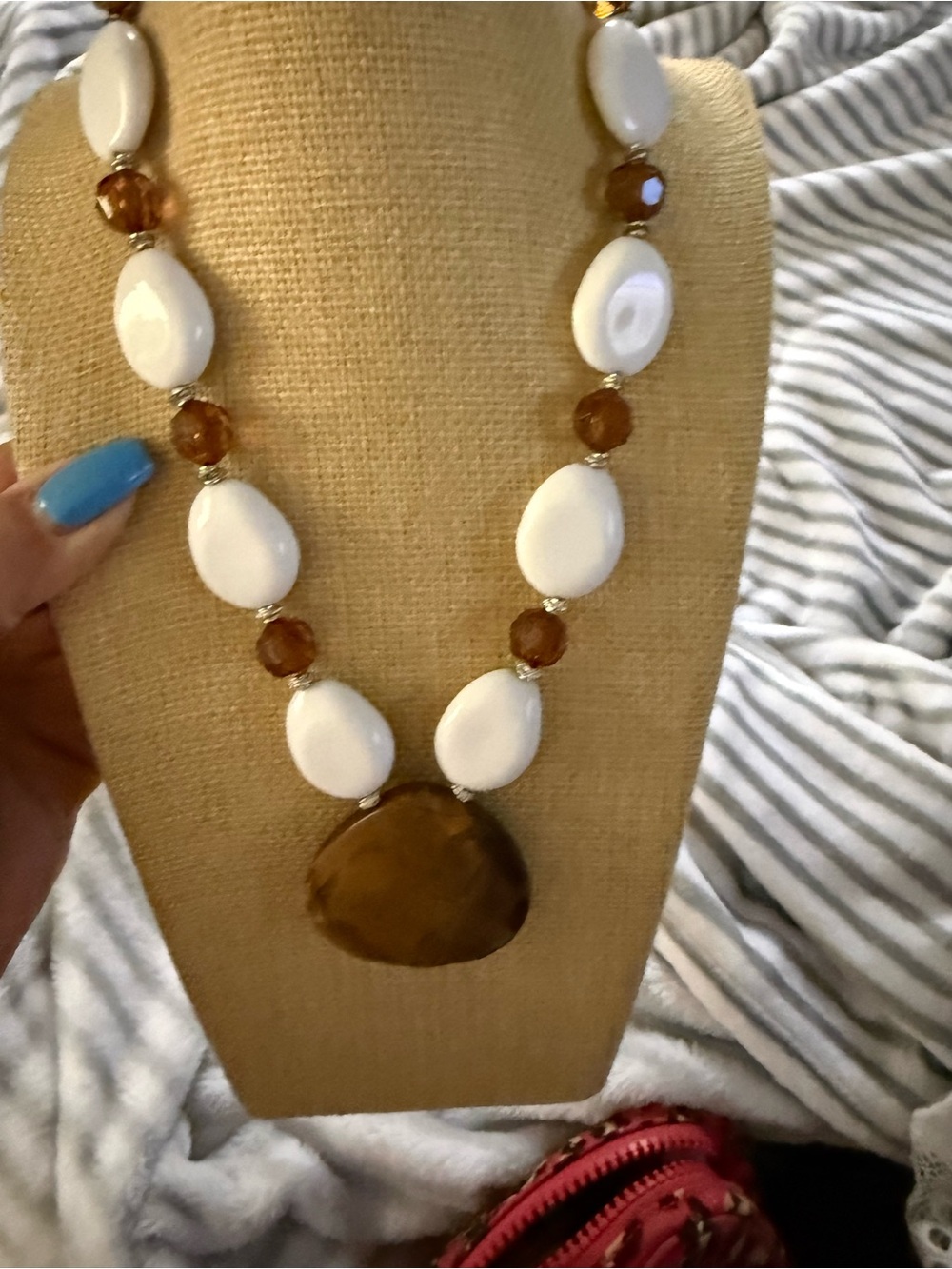 White and Amber Bead Statement Necklace - Women Jewelry